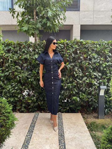 Drapeli Vücuda Oturan Denim Elbise
