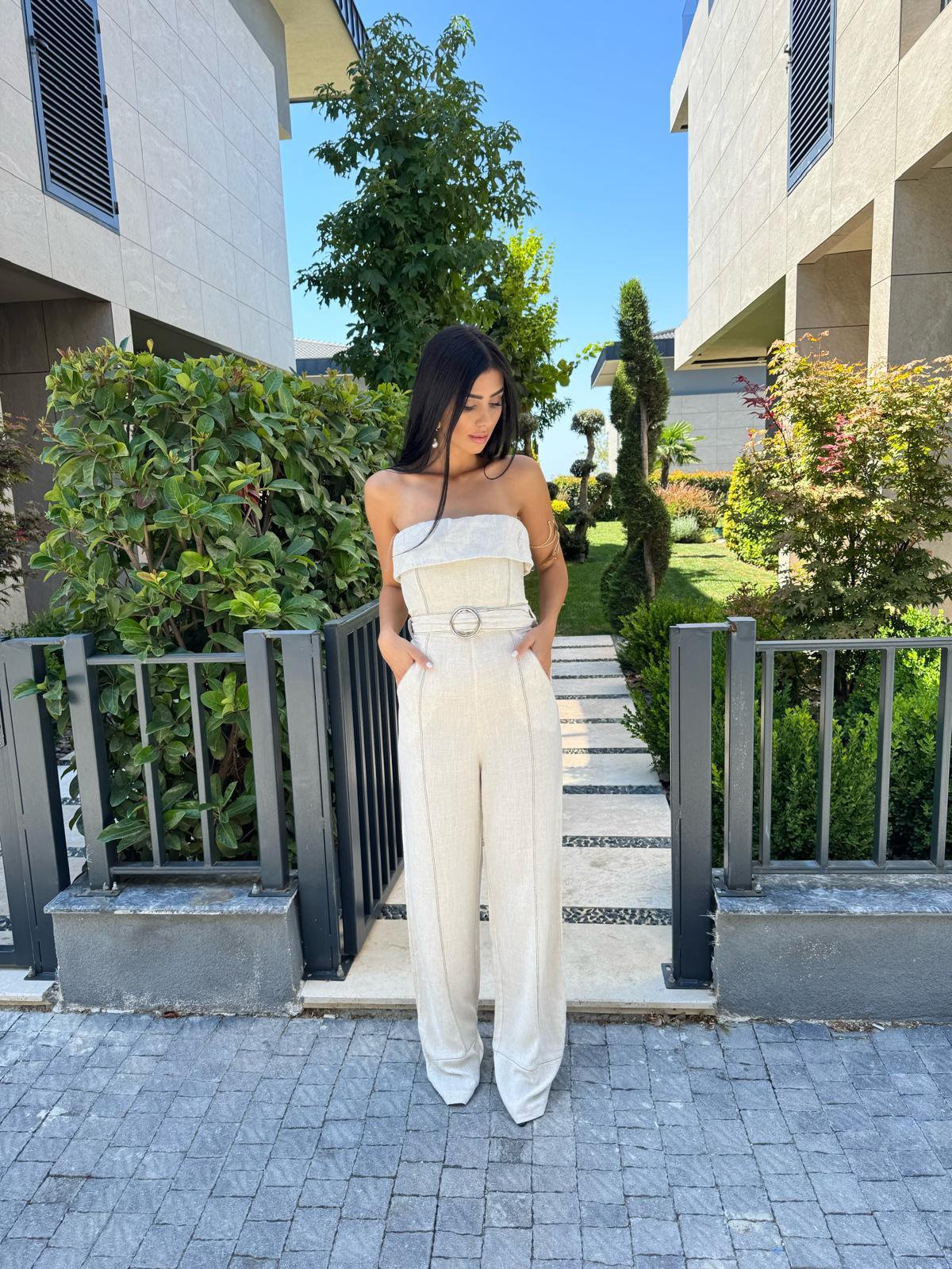 Taş Starplez Kemerli Keten Tulum