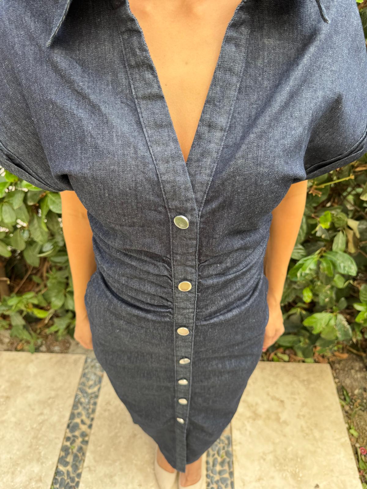 Drapeli Vücuda Oturan Denim Elbise