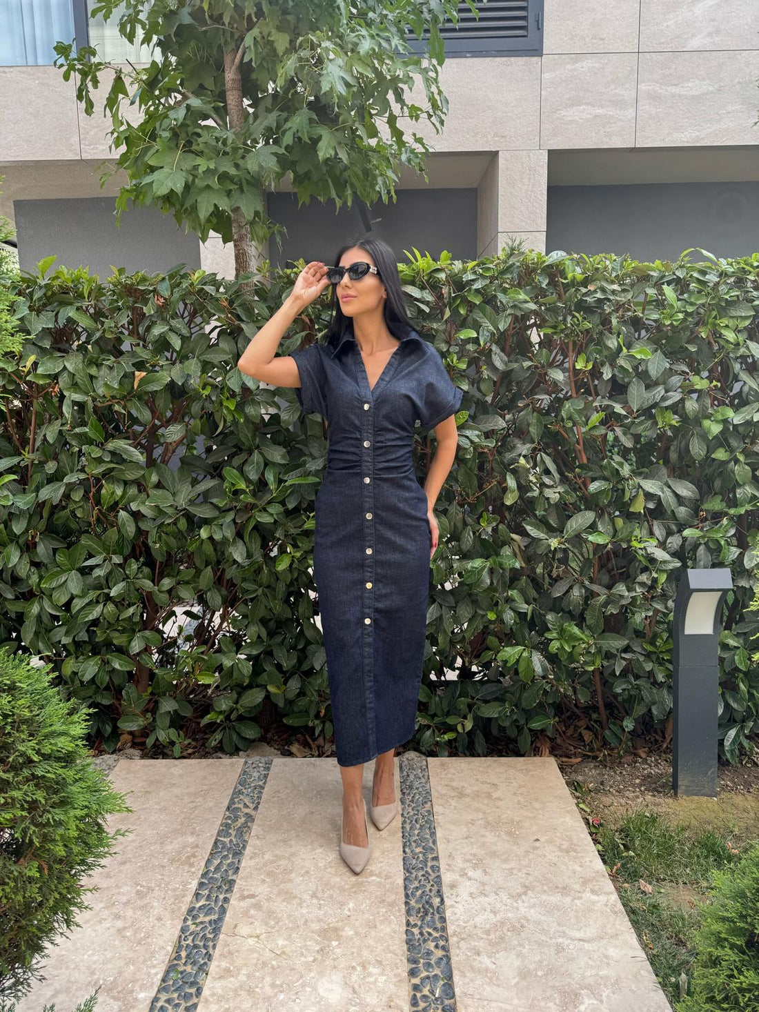 Drapeli Vücuda Oturan Denim Elbise