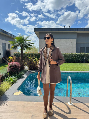 Premium Kalite Leopar Astarlı Double Kumaş Blazer Ceket Kahverengi