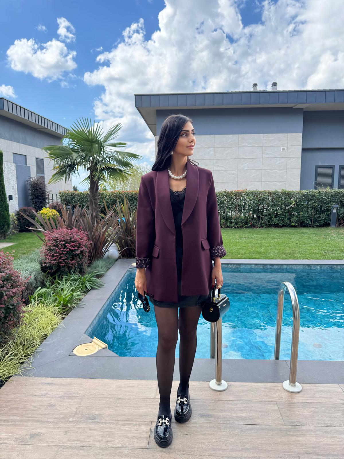 Premium Kalite Leopar Astarlı Double Kumaş Blazer Ceket Mürdüm Bordo