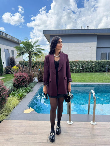 Premium Kalite Leopar Astarlı Double Kumaş Blazer Ceket Mürdüm Bordo
