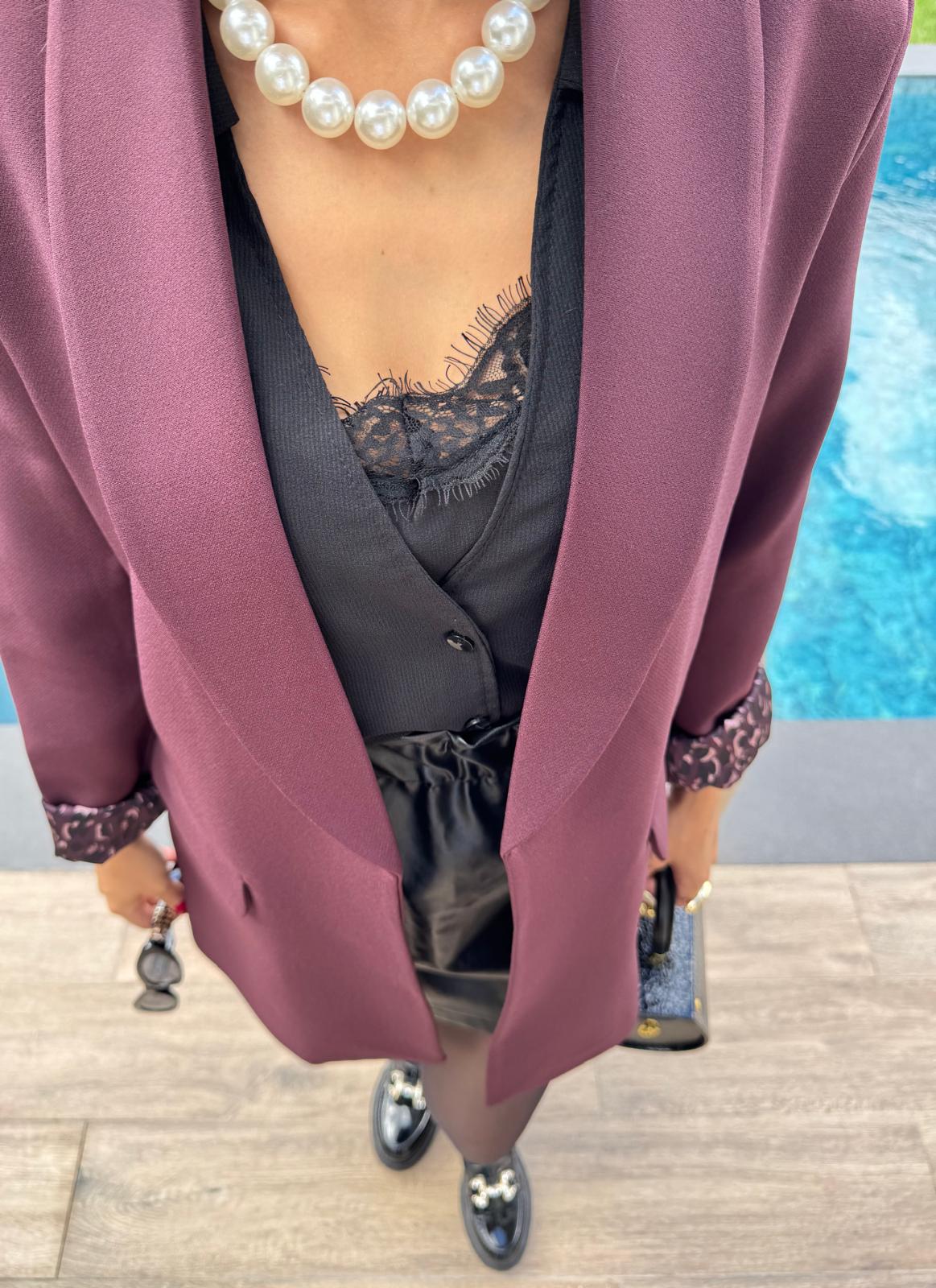 Premium Kalite Leopar Astarlı Double Kumaş Blazer Ceket Mürdüm Bordo