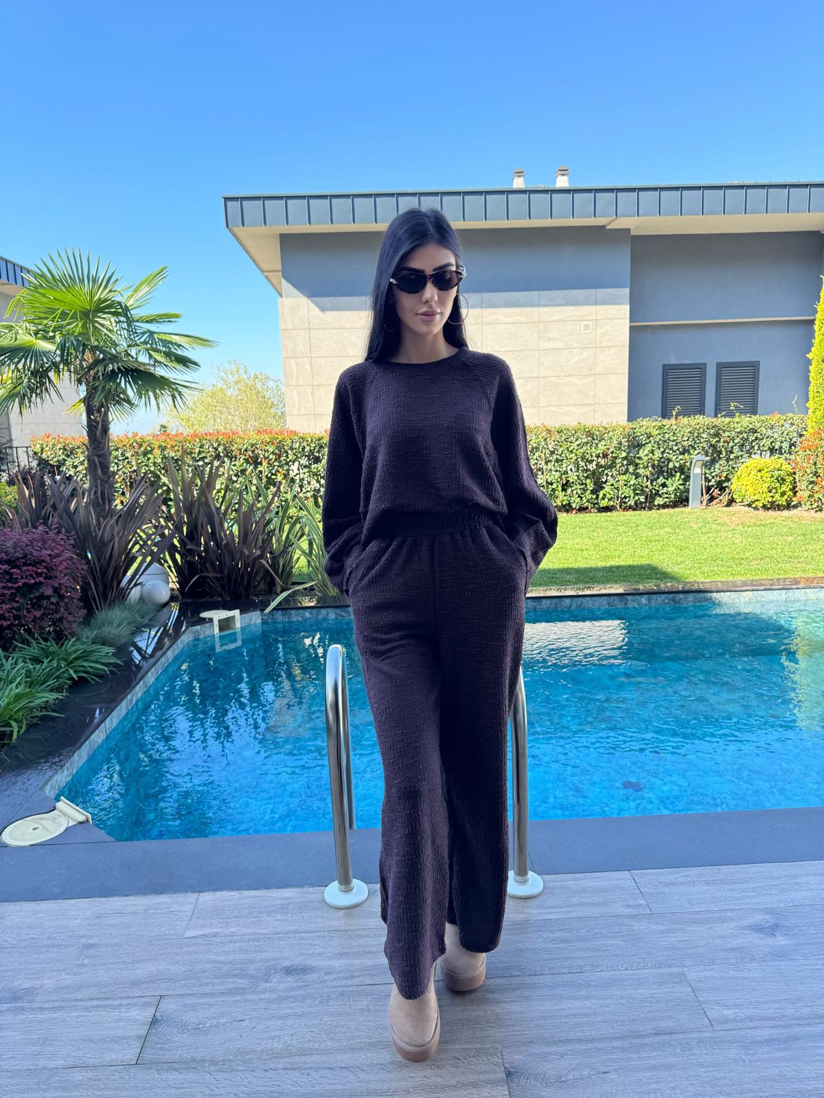 Acı Kahve Kazak Beli Lastikli Pantolon Buklet Kumaş Takım