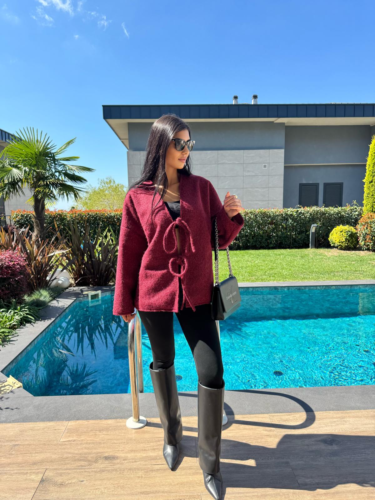 Önden Bağlamalı Kırçıllı Ceket Bordo