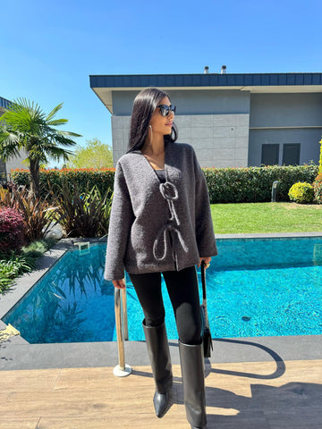 Önden Bağlamalı Kırçıllı Ceket Antrasit