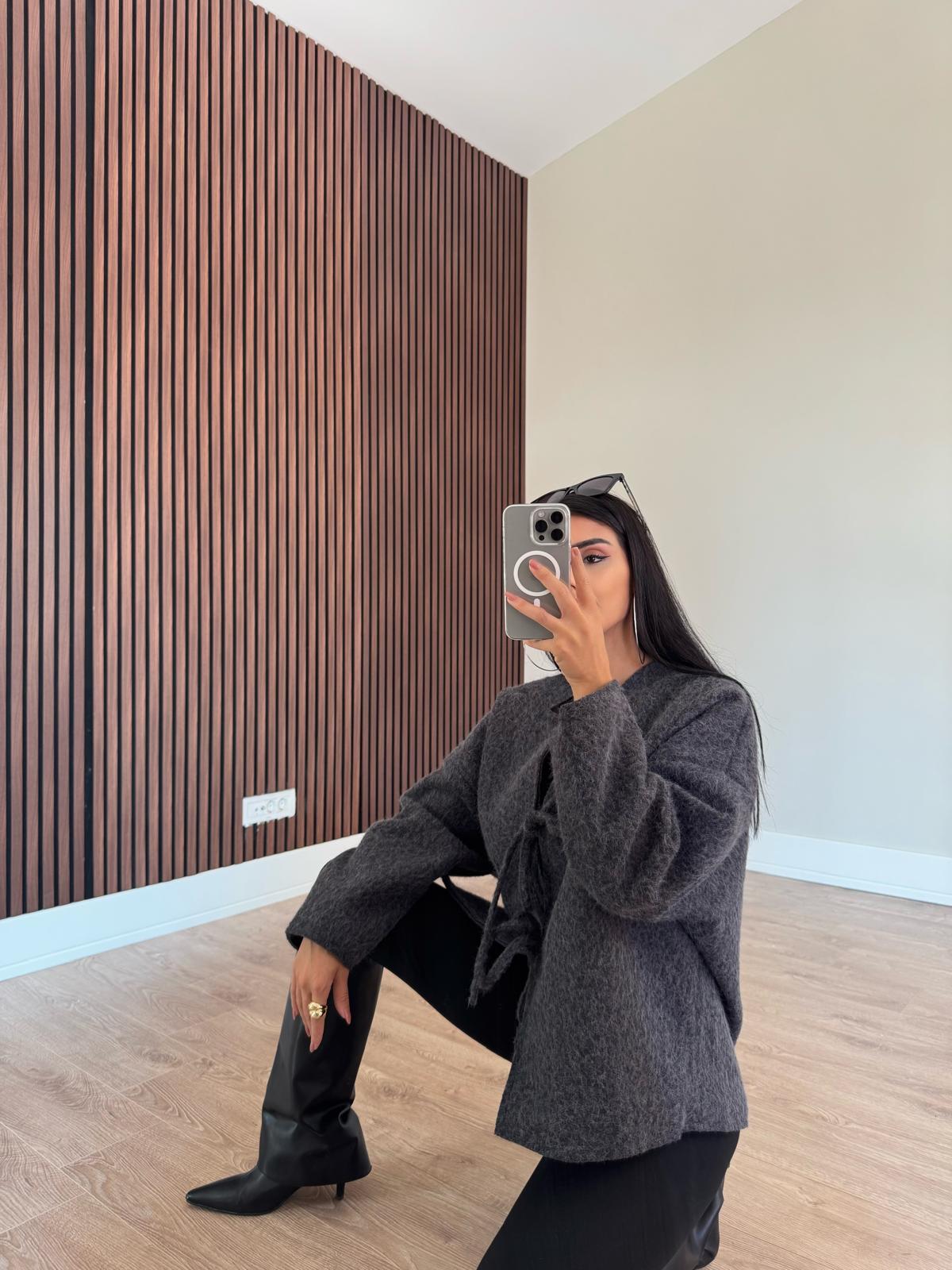 Önden Bağlamalı Kırçıllı Ceket Antrasit