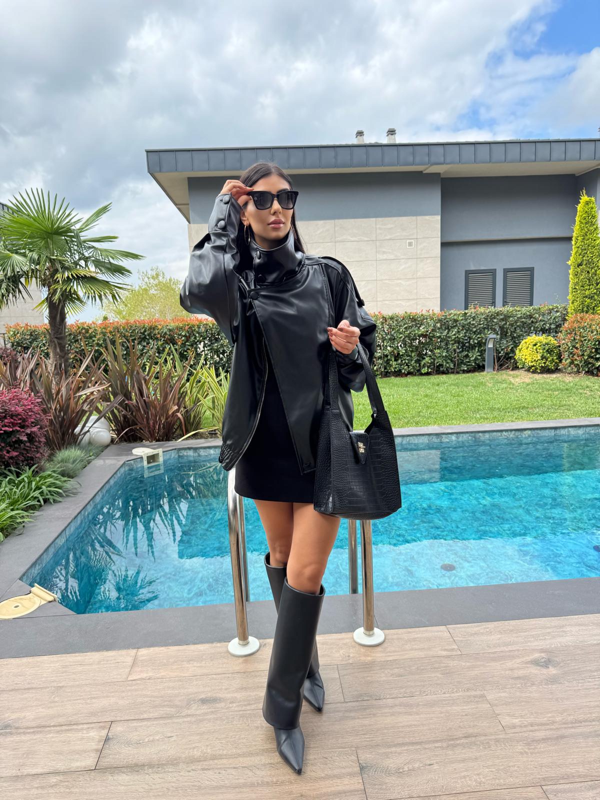 Kruvaze Kapama Deri Ceket SİYAH