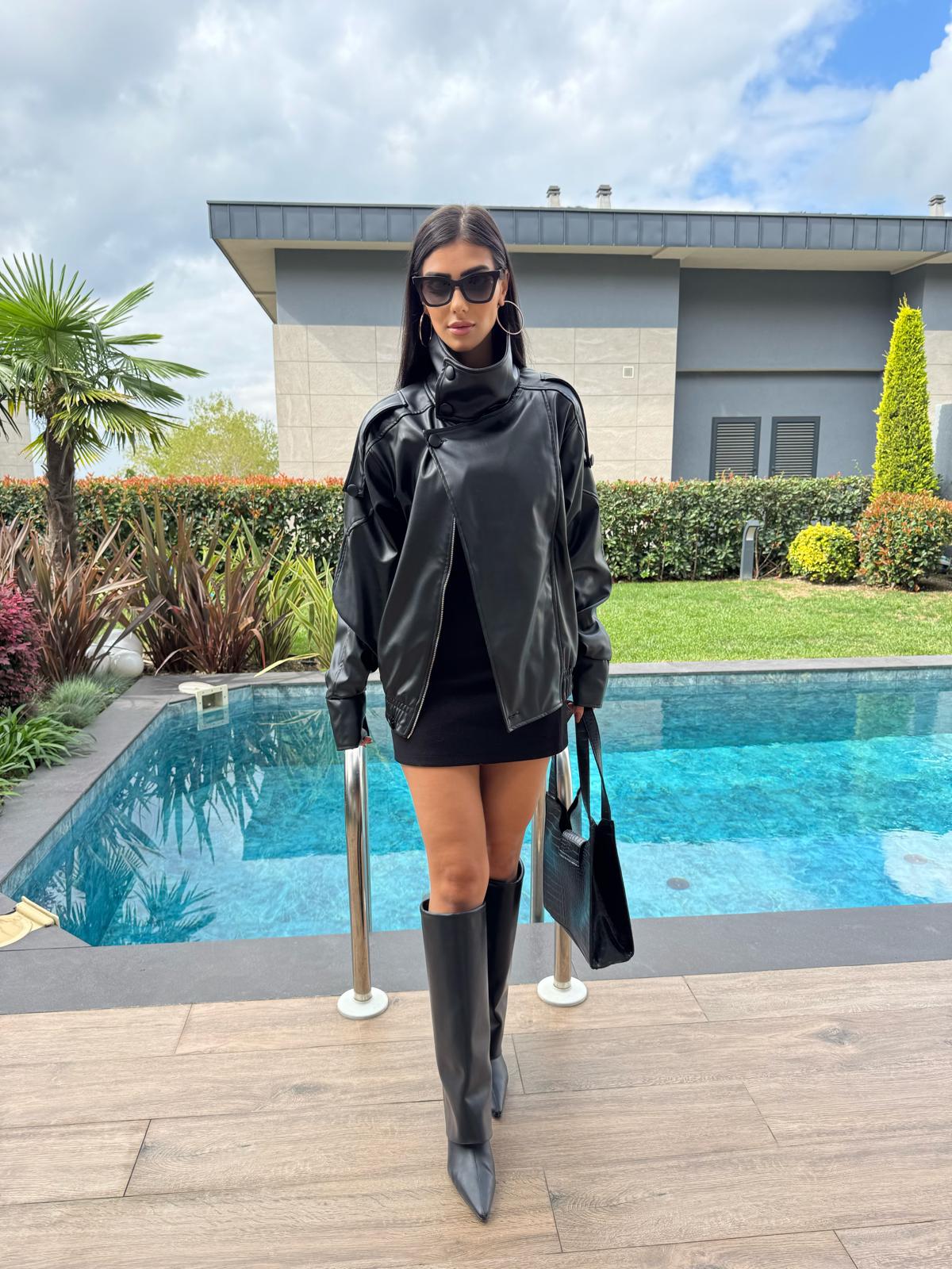 Kruvaze Kapama Deri Ceket SİYAH