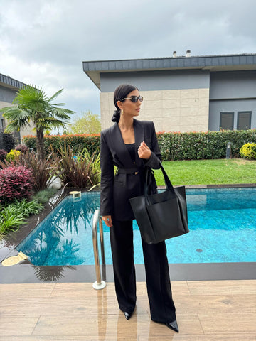 Kuşaklı Blazer Ceket Pantolon Takım Siyah