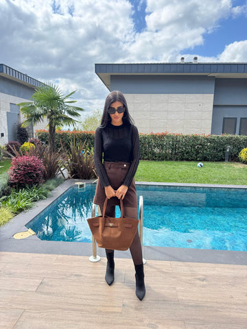 Kısa Scuba  Süet Acı Kahve Etek