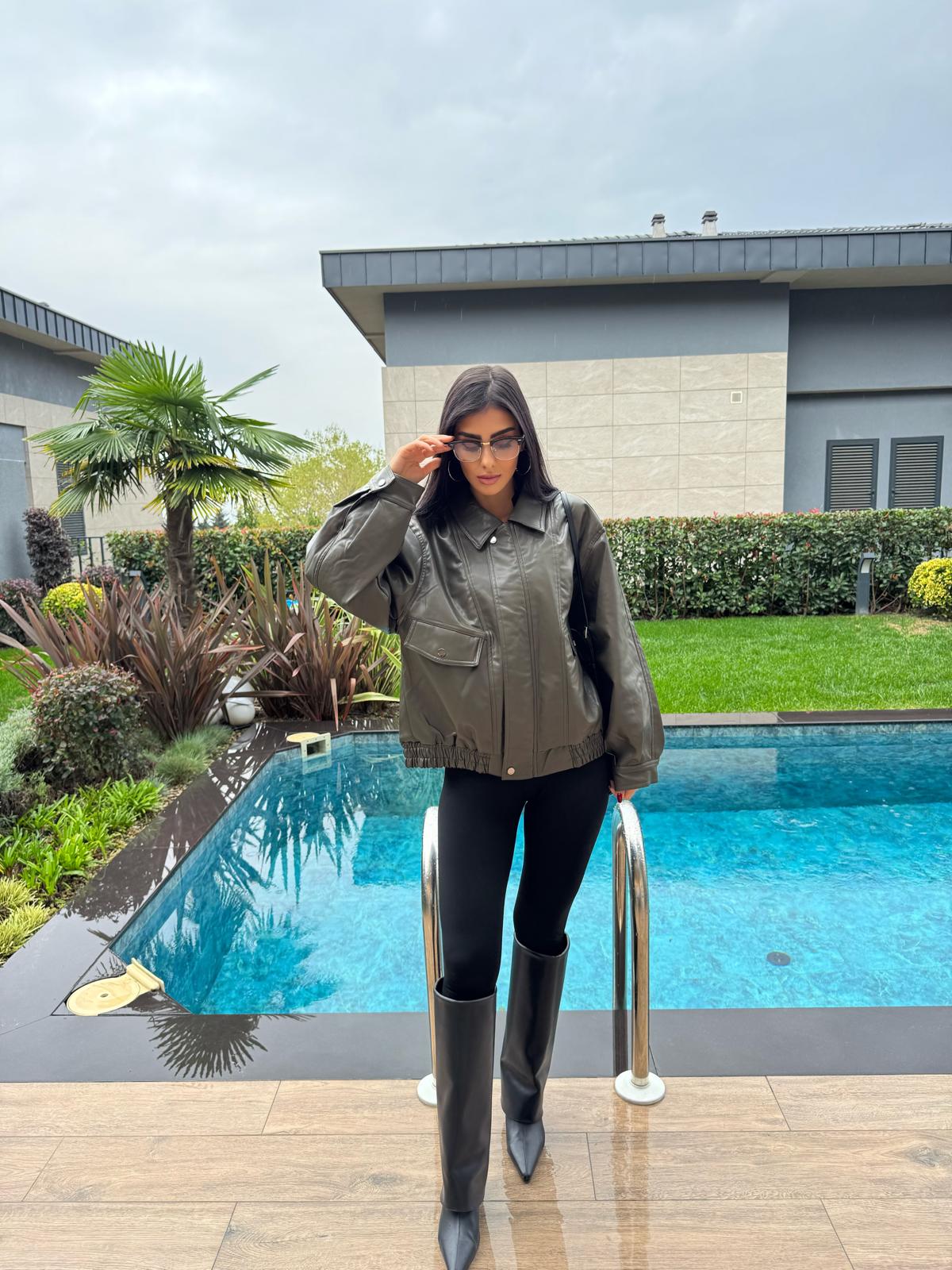 Oversize Bomber Haki  Deri Ceket