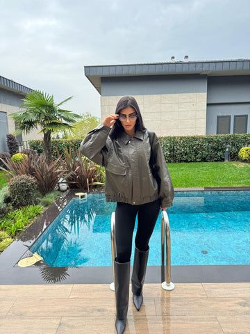 Oversize Bomber Haki  Deri Ceket