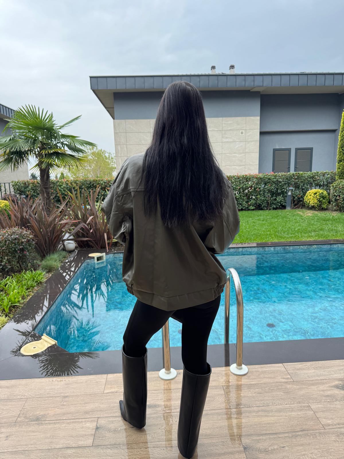 Oversize Bomber Haki  Deri Ceket