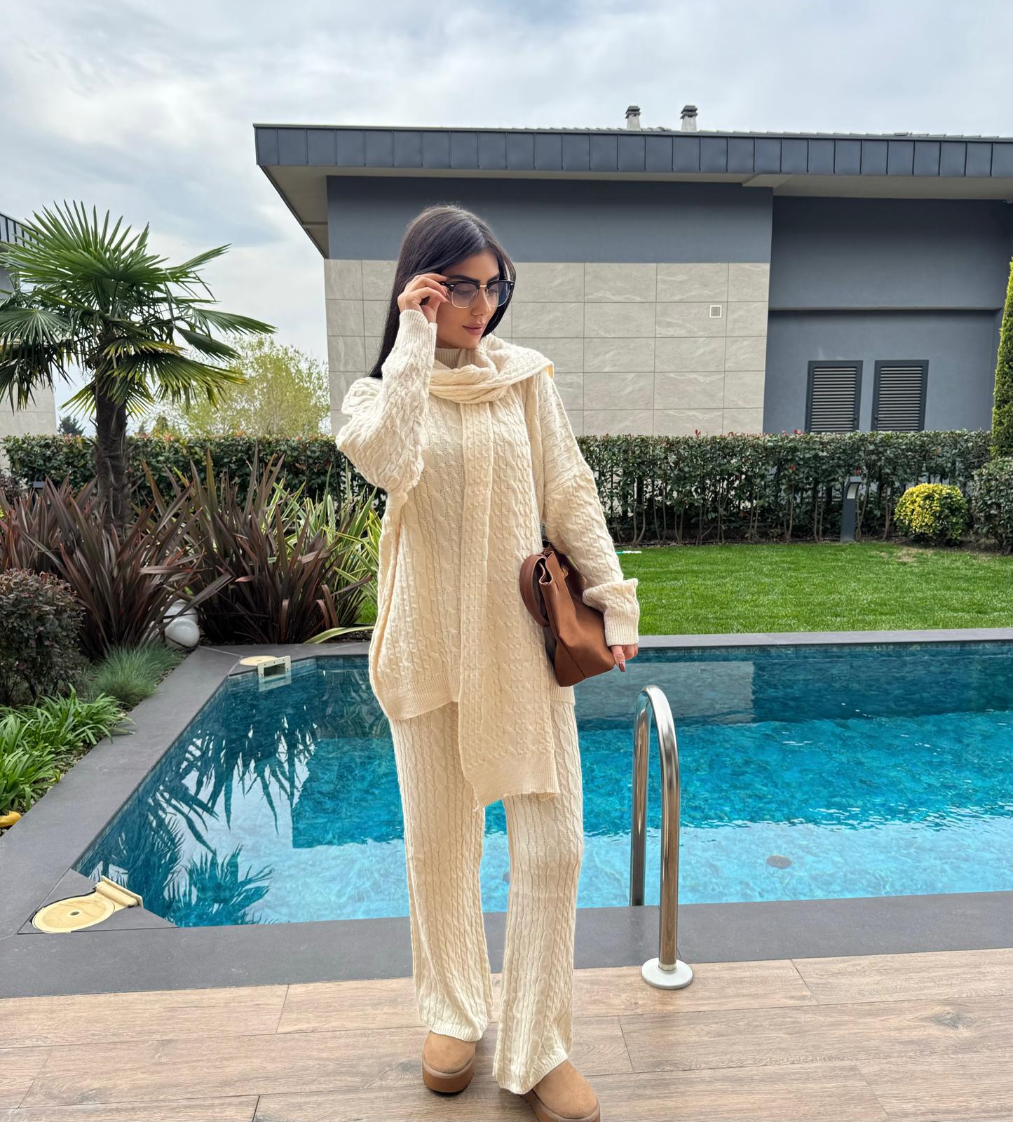 Ekru Atkılı Saç Örgülü Triko 3' Lü Takım