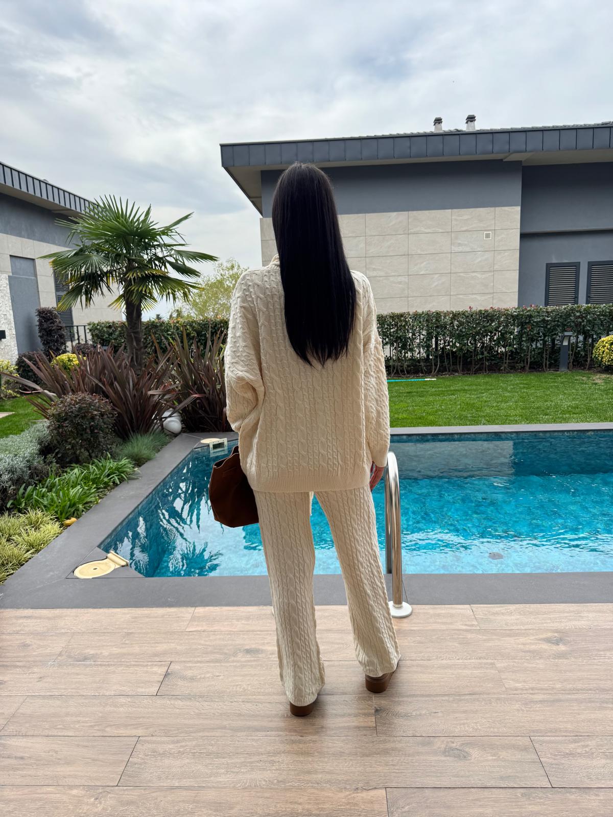 Ekru Atkılı Saç Örgülü Triko 3' Lü Takım