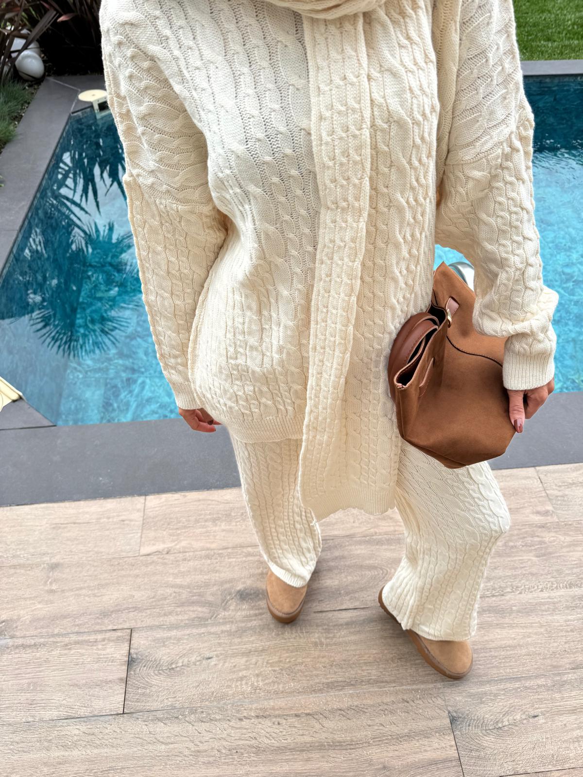 Ekru Atkılı Saç Örgülü Triko 3' Lü Takım