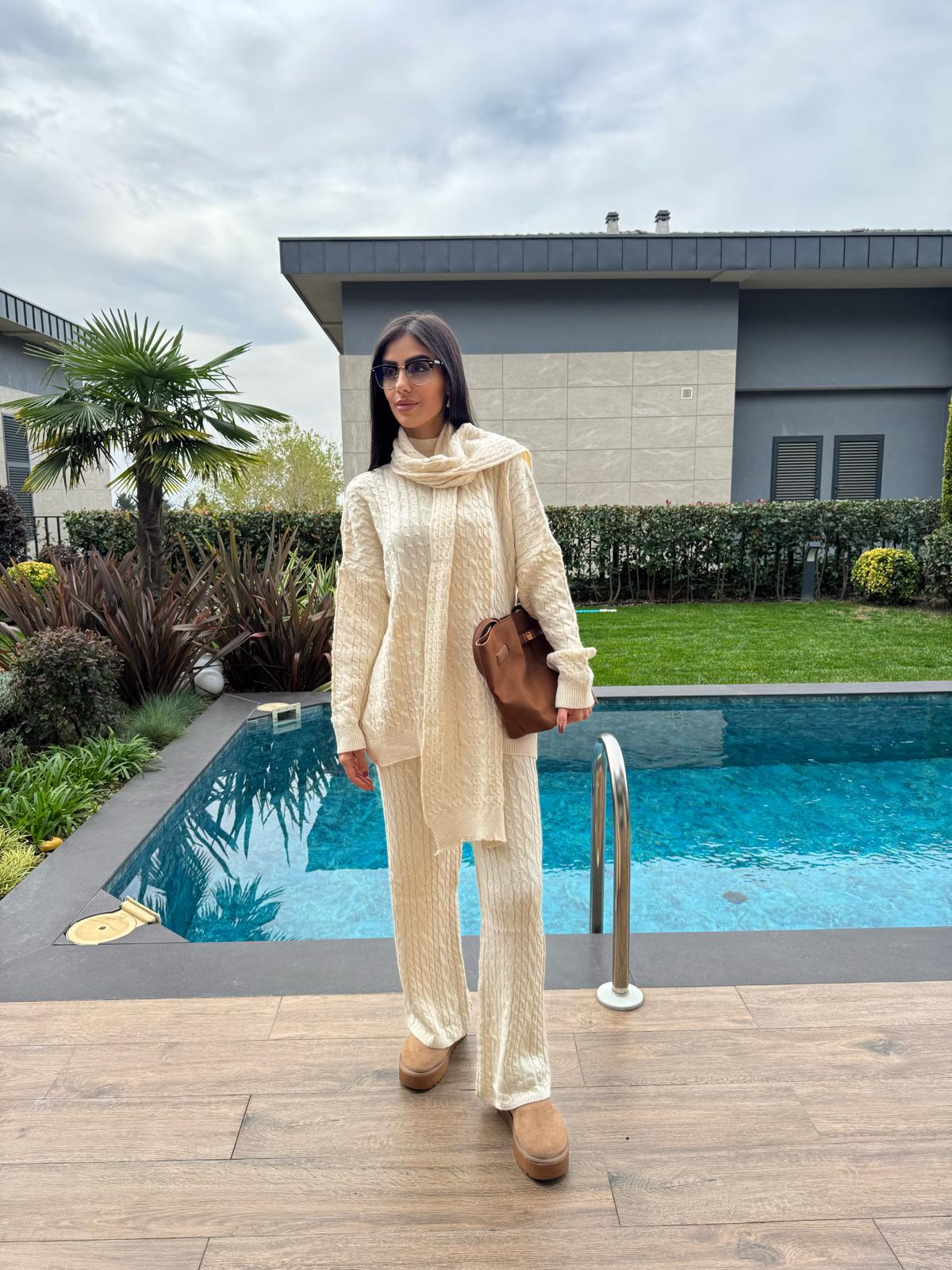 Ekru Atkılı Saç Örgülü Triko 3' Lü Takım