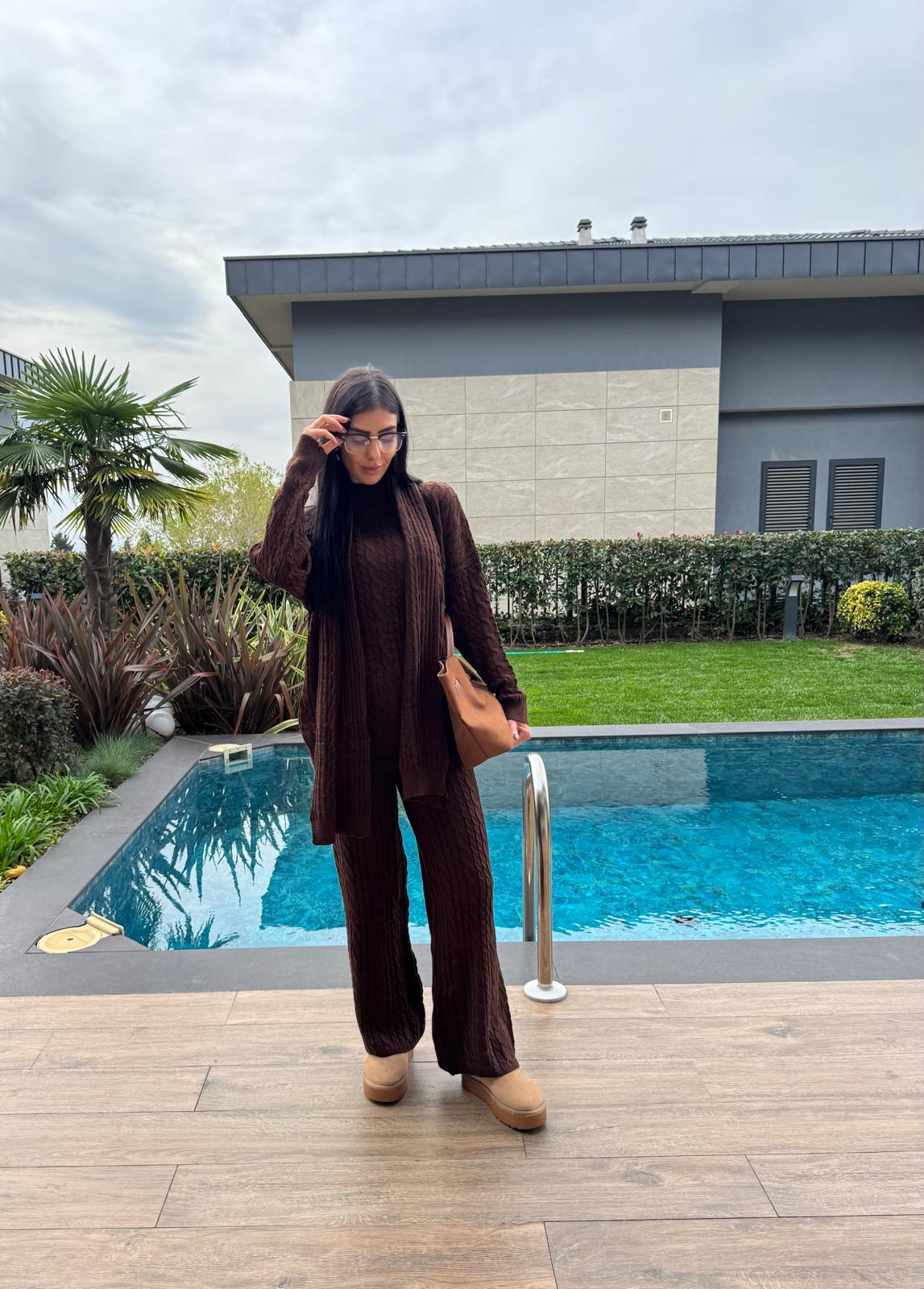 Kahve  Atkılı Saç Örgülü Triko 3'Lü Takım