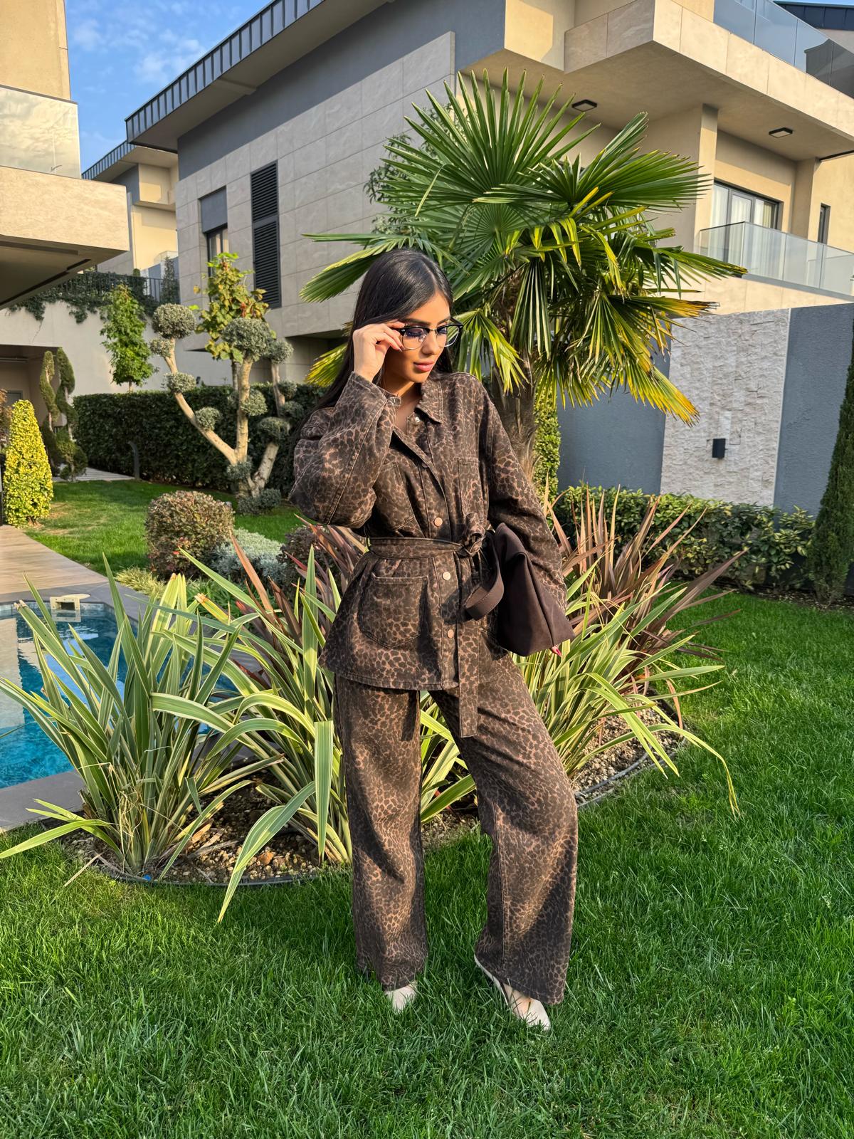 Premium Kalite Leopar Desenli Denim İkili Takım