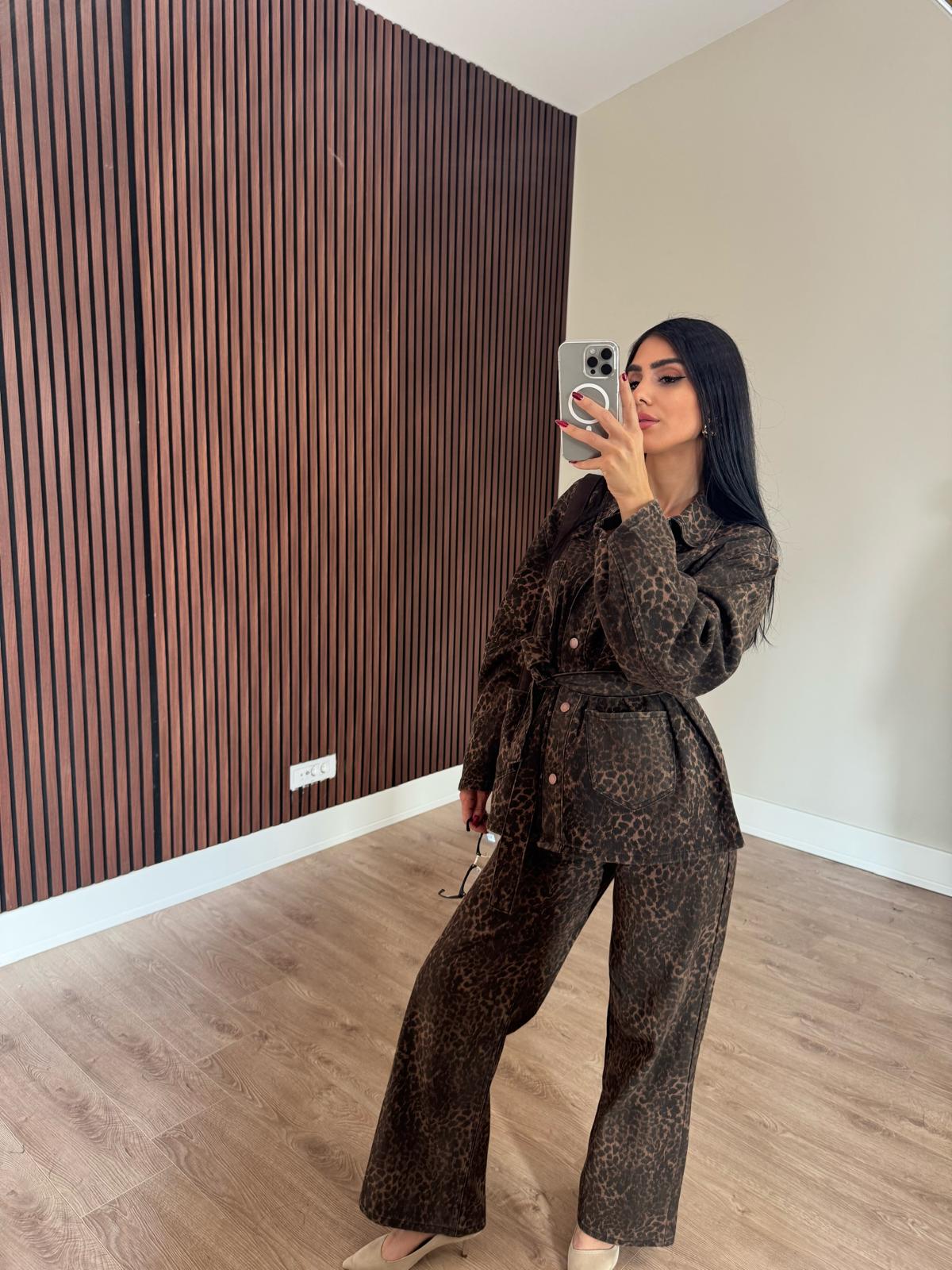 Premium Kalite Leopar Desenli Denim İkili Takım