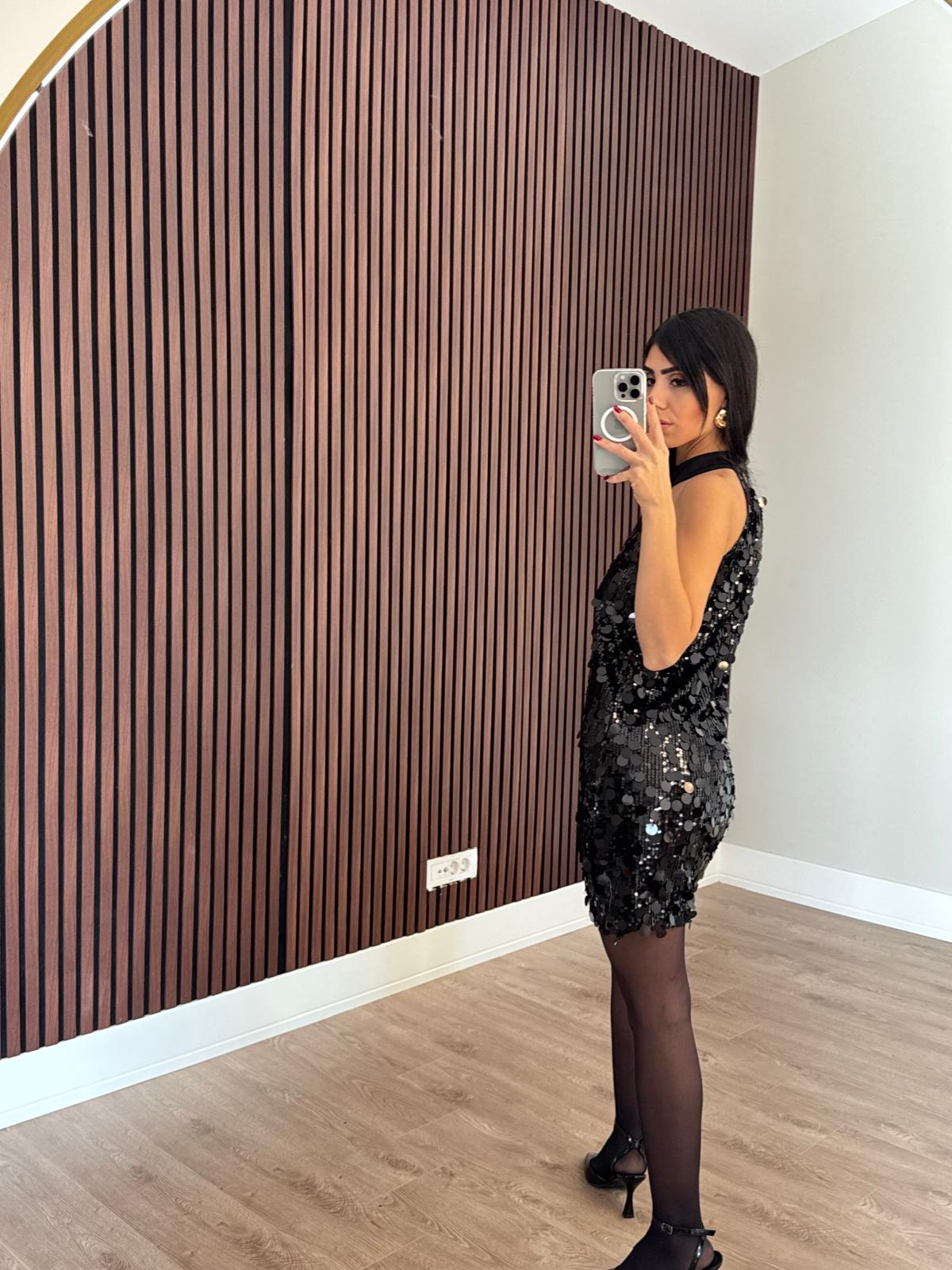 Siyah Halter Yaka Payetli Elbise