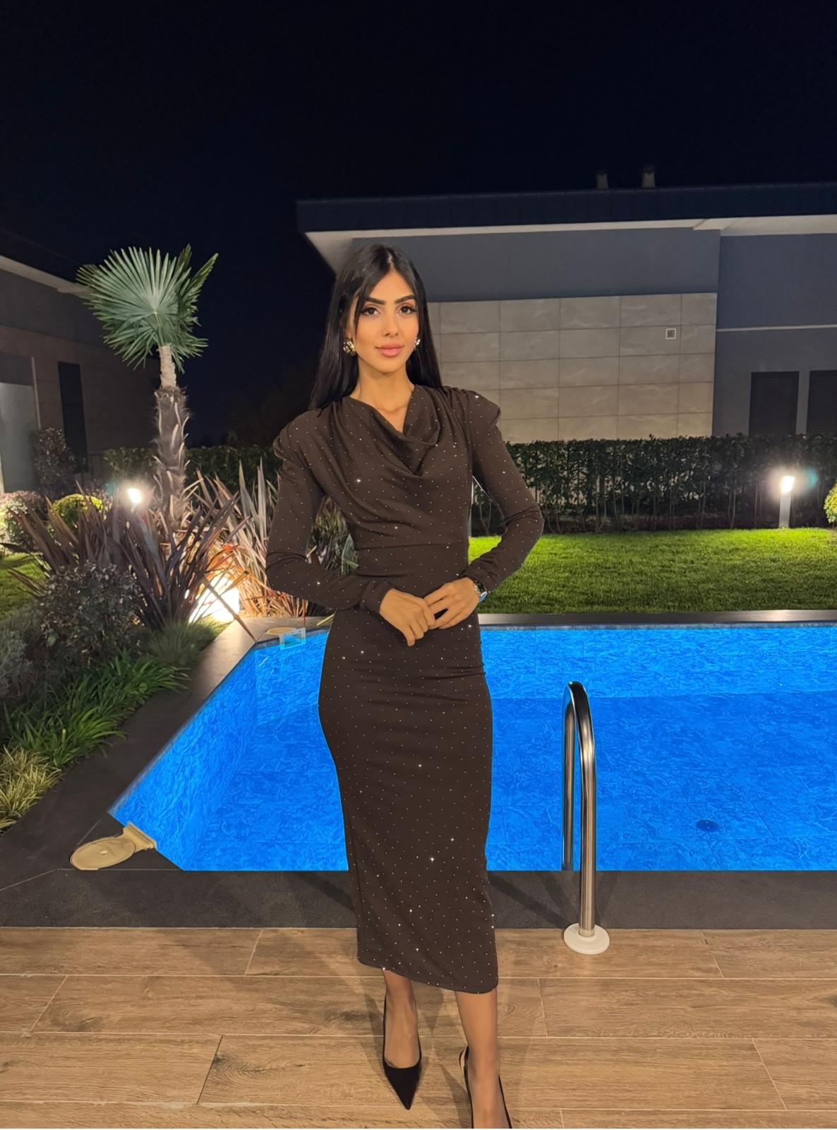 Acı Kahve Degaje Yaka Kalem Elbise