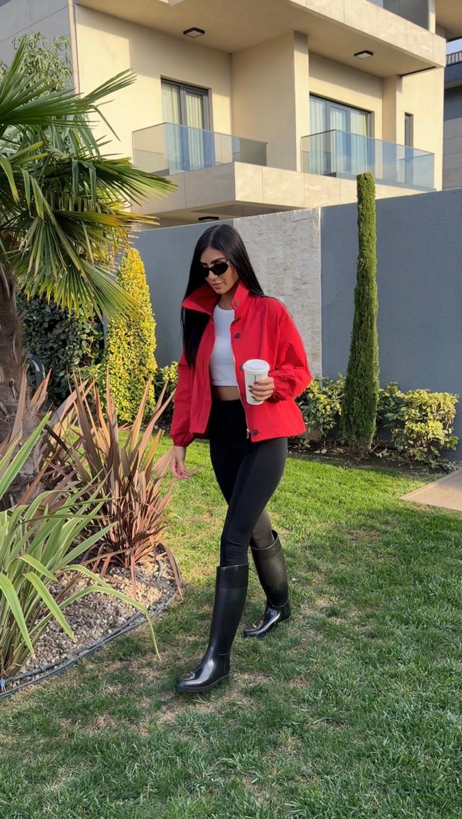 Kırmızı Rainy Dik Yaka Bomber Ceket