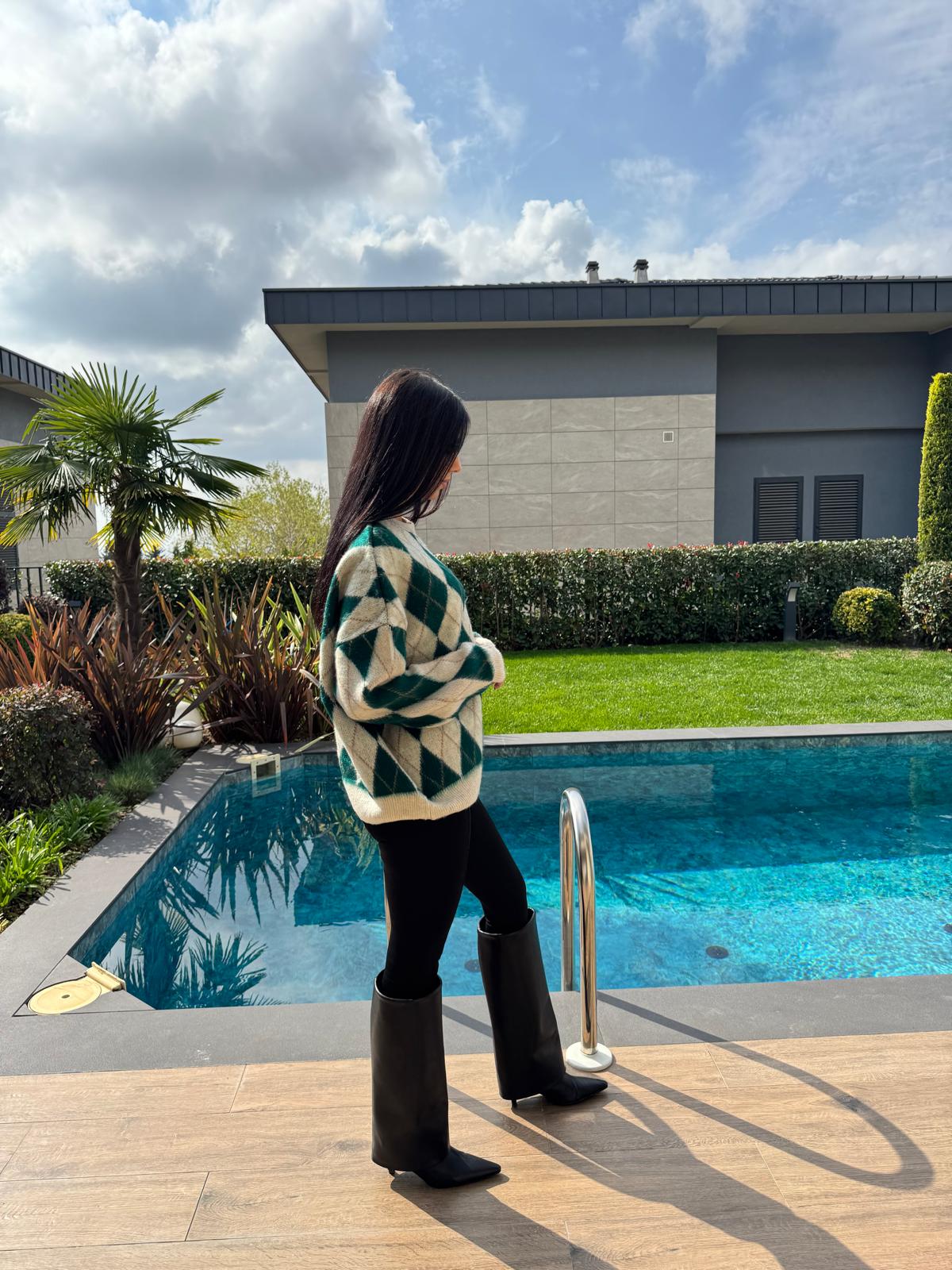 Ekru Yeşil  Baklava Desenli Kazak