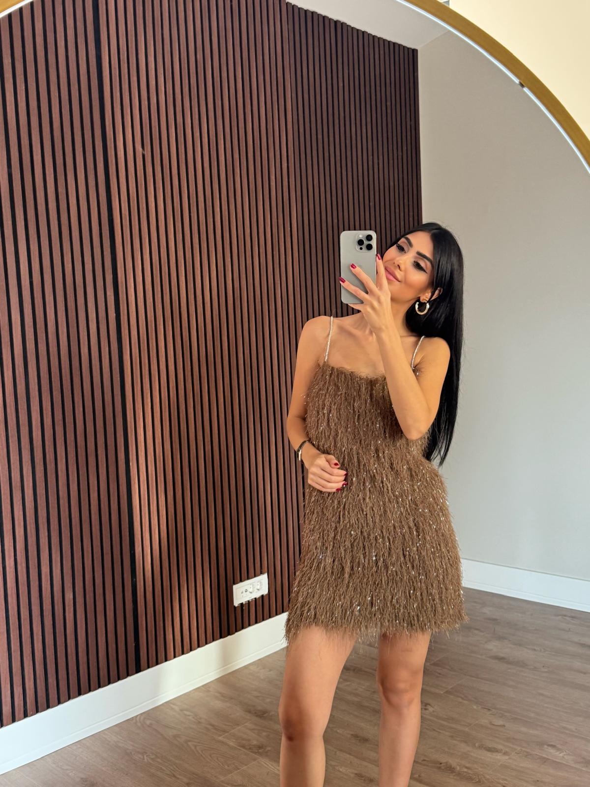 Askılı Saçaklı Kahve  Elbise