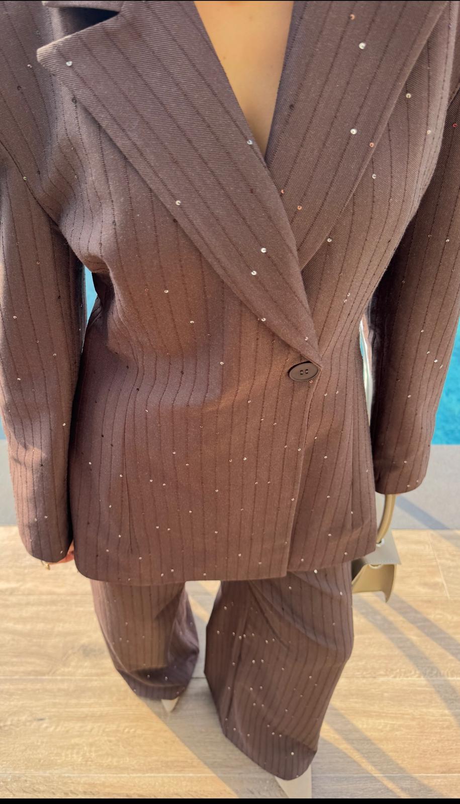 Kahverengi Premium Pullu Blazer Fit Takım