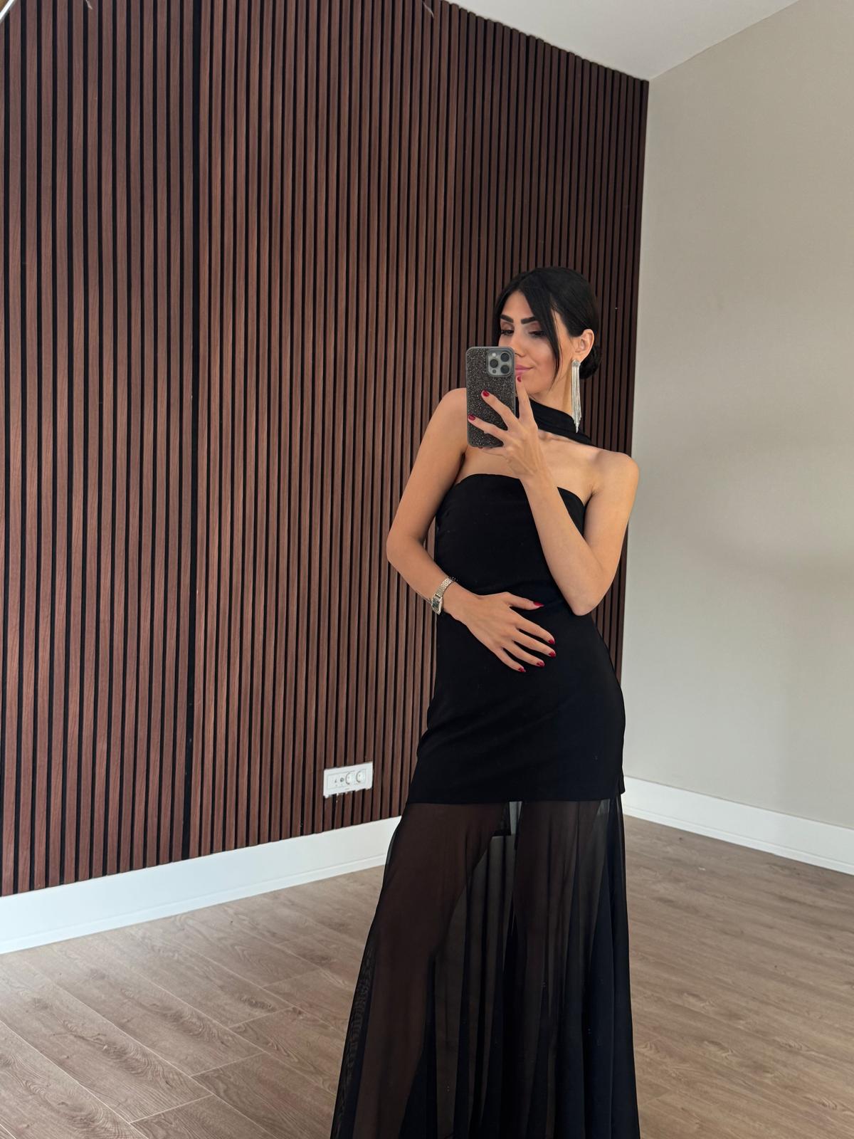 Siyah Straplez Tül Detaylı Elbise