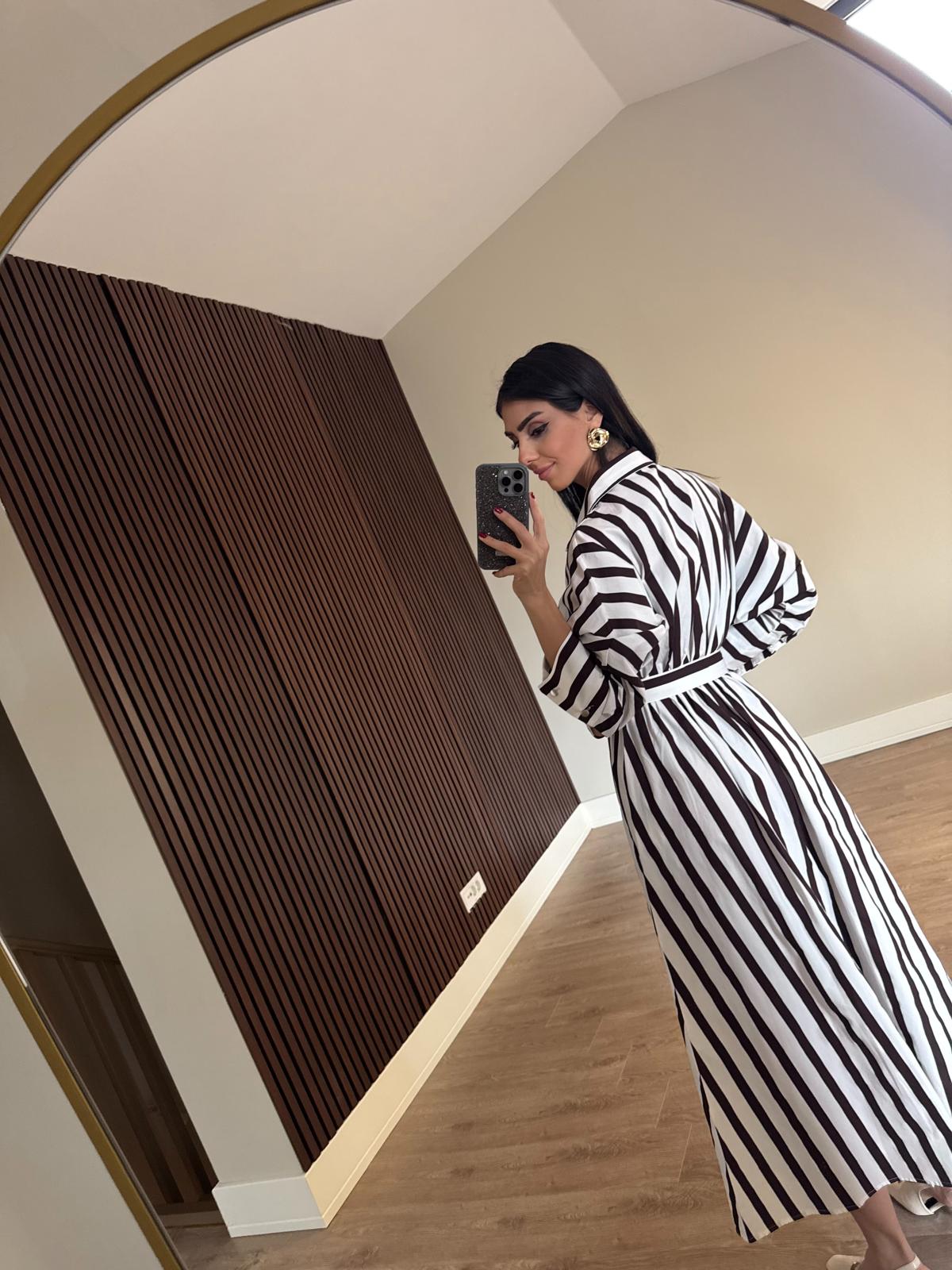 Çizgili Kemerli Gömlek Elbise