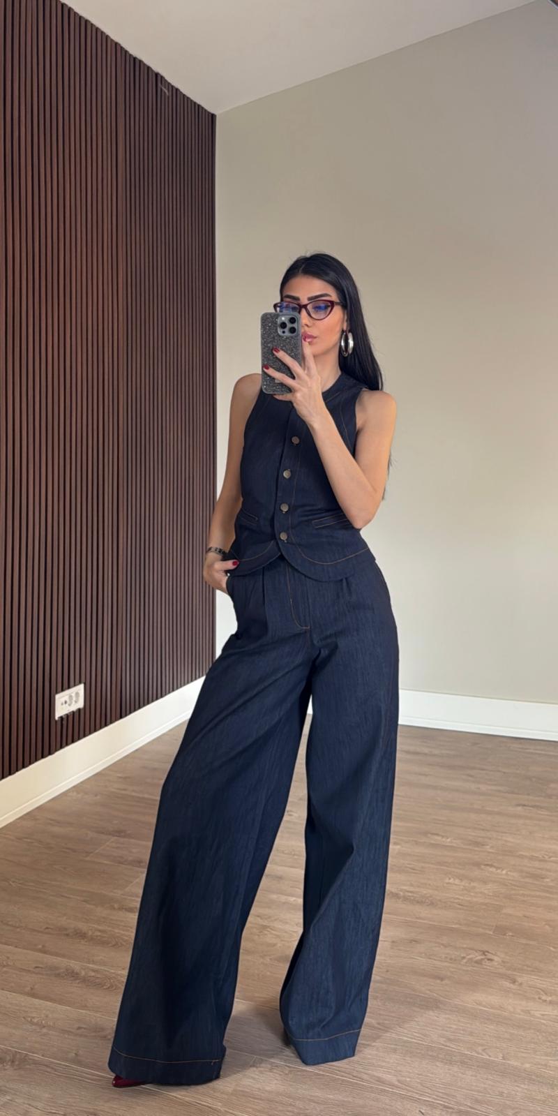 Yüksel Bel Denim Yelek Takım