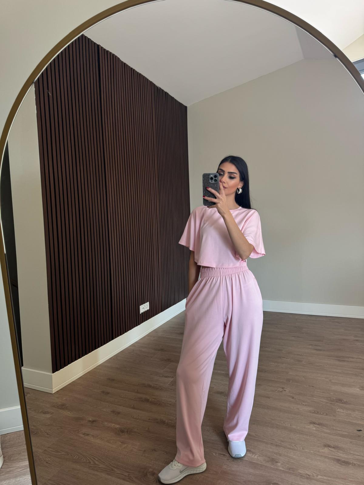 Pembe Crop Beli Lastikli Palazzo İkili  Modal KumaşTakım
