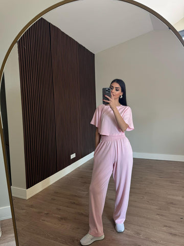 Pembe Crop Beli Lastikli Palazzo İkili  Modal KumaşTakım
