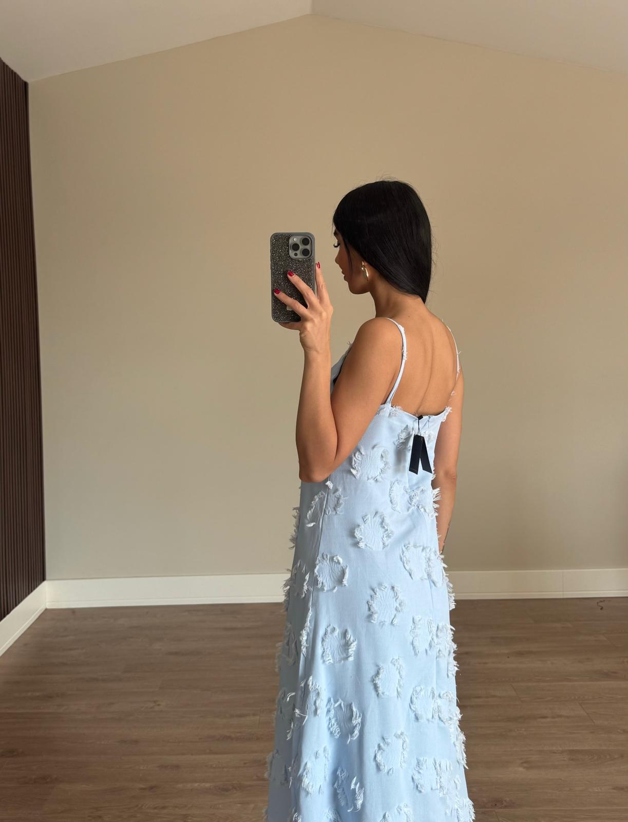 Bebe Mavisi Püskül Detaylı Astarlı Keten Elbise