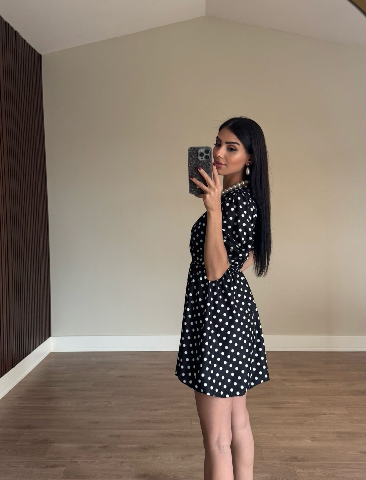 Siyah Puantiyeli Mini ELbise