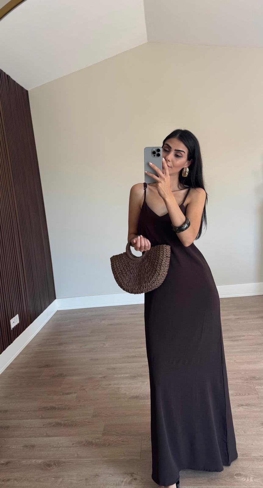 Kahve Ayarlanabilir Askılı Ayrobin Elbise
