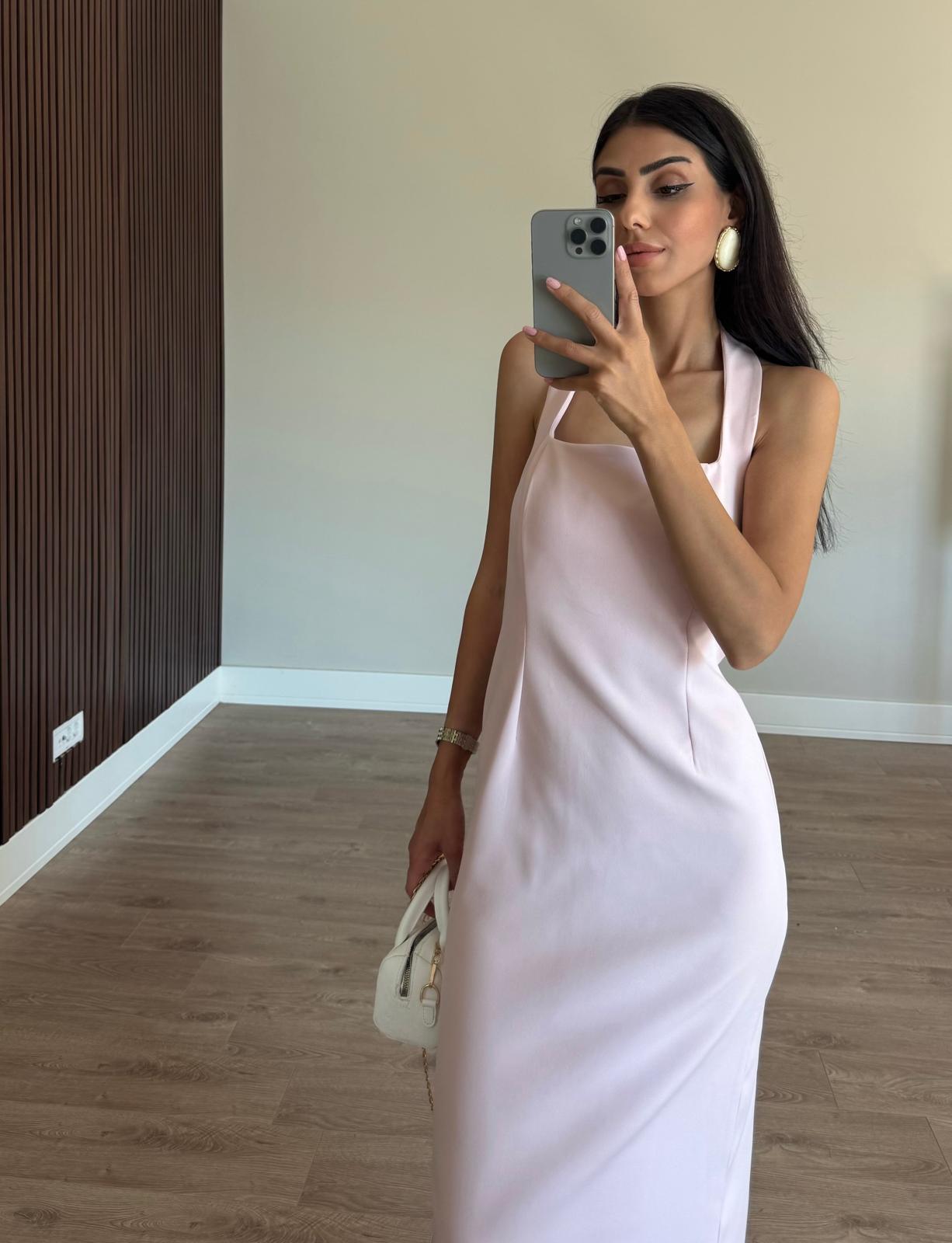 Toz Pembe Boyundan Askılı Maxi Elbise