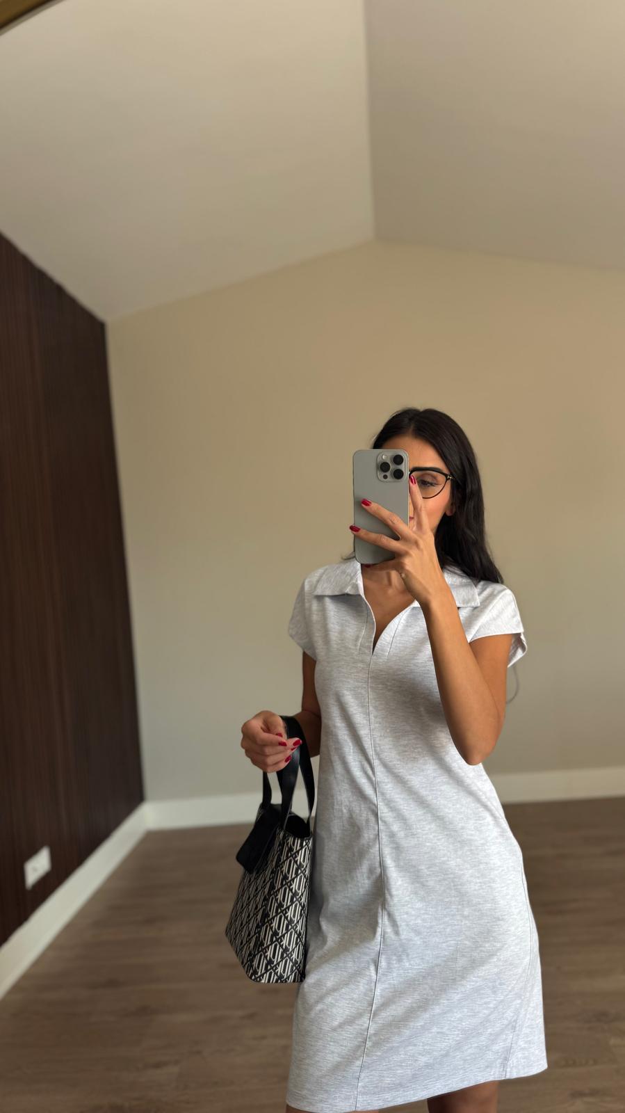 Pola Yaka Modal Gri Elbise