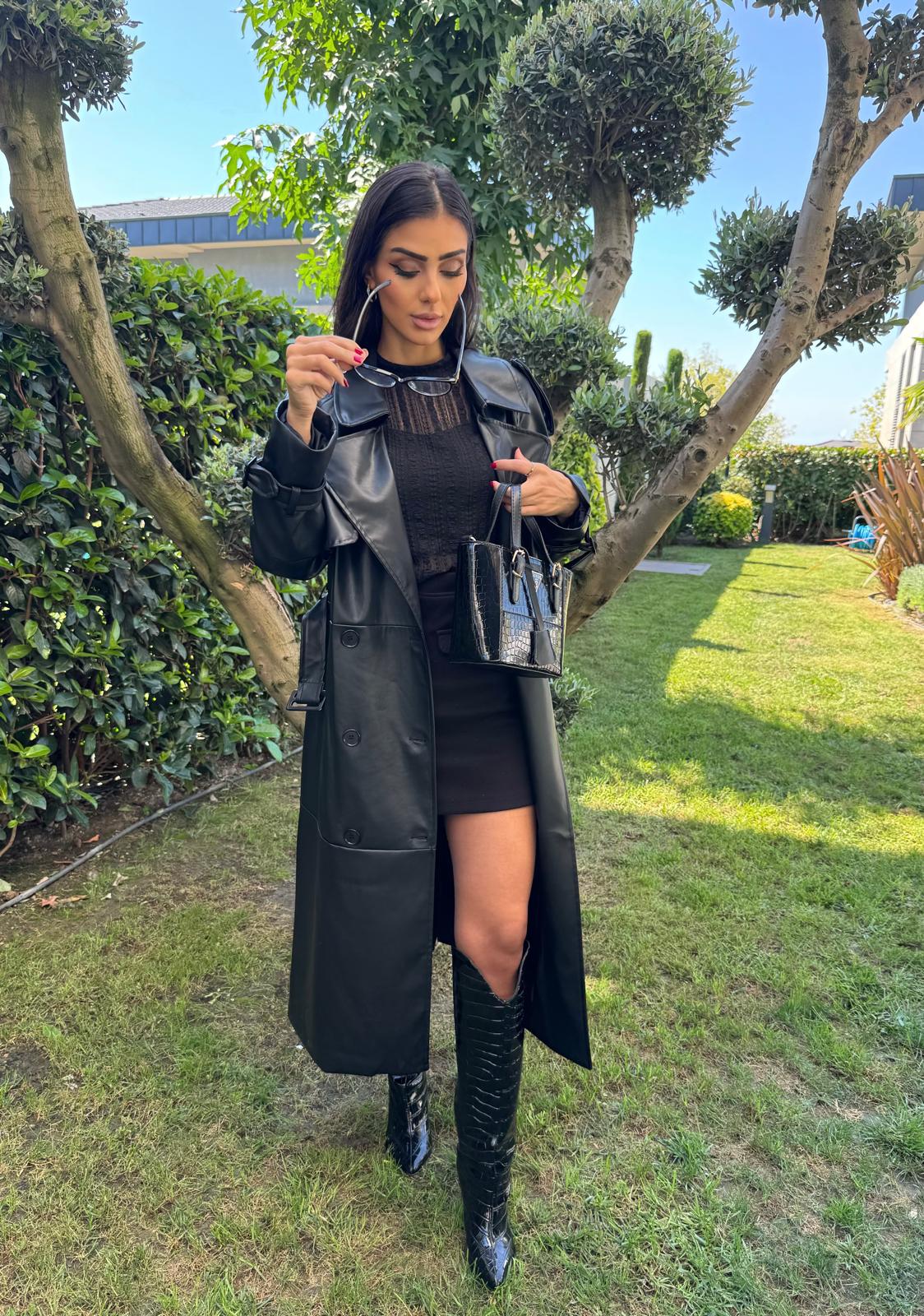 İthal Velvet Deri Siyah Trench