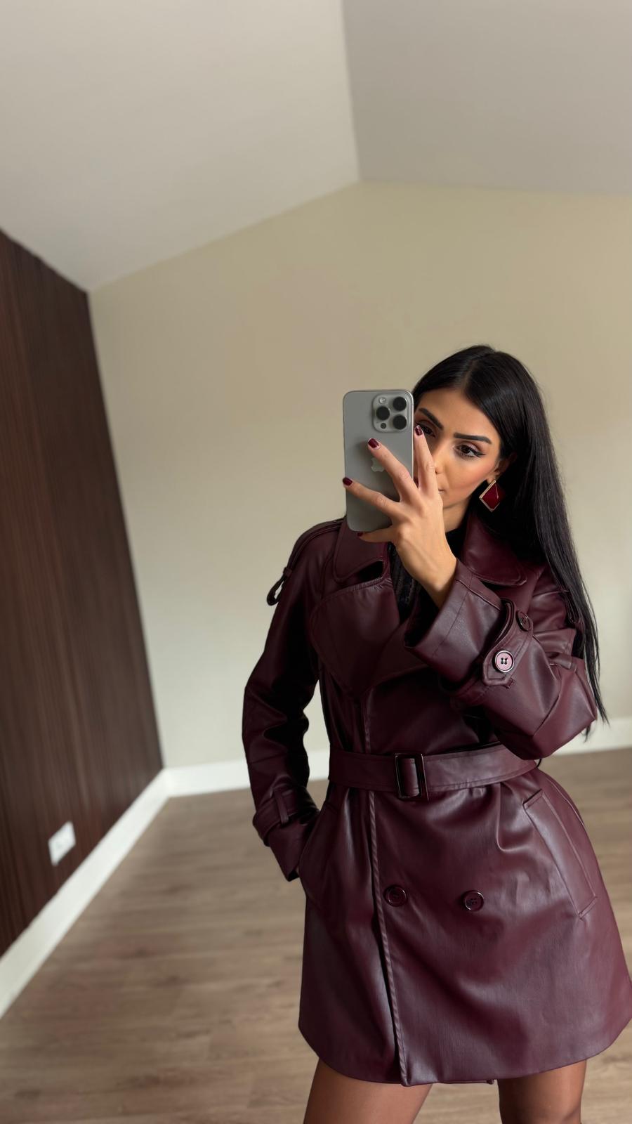 İthal Velvet Deri Bordo Kısa Trench