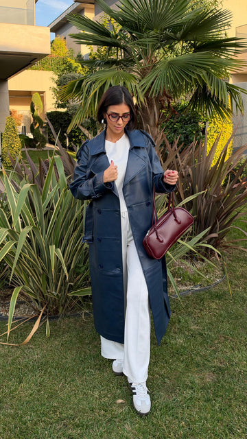 İthal Velvet Deri Lacivert Trench