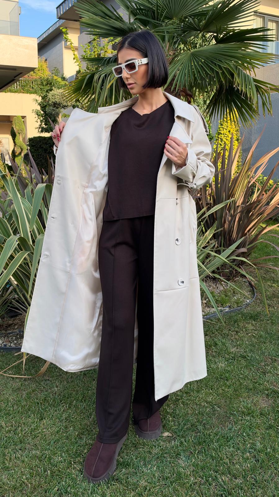 İthal Velvet Deri Bej Trench