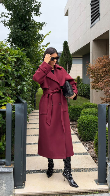 Premium Kalite Kuşaklı İthal Bordo Kaşe Kaban
