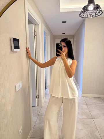Yakası Pileli Modest Tensel Takım Beyaz