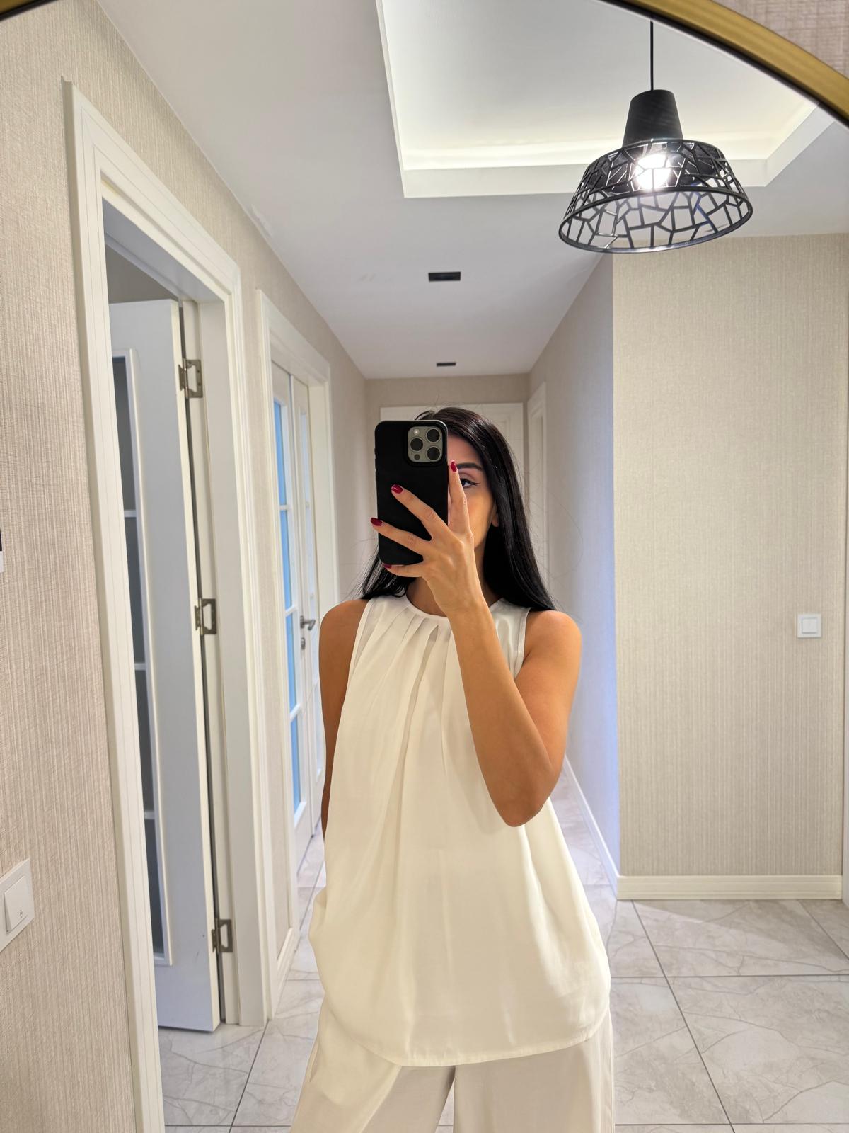 Yakası Pileli Modest Tensel Takım Beyaz