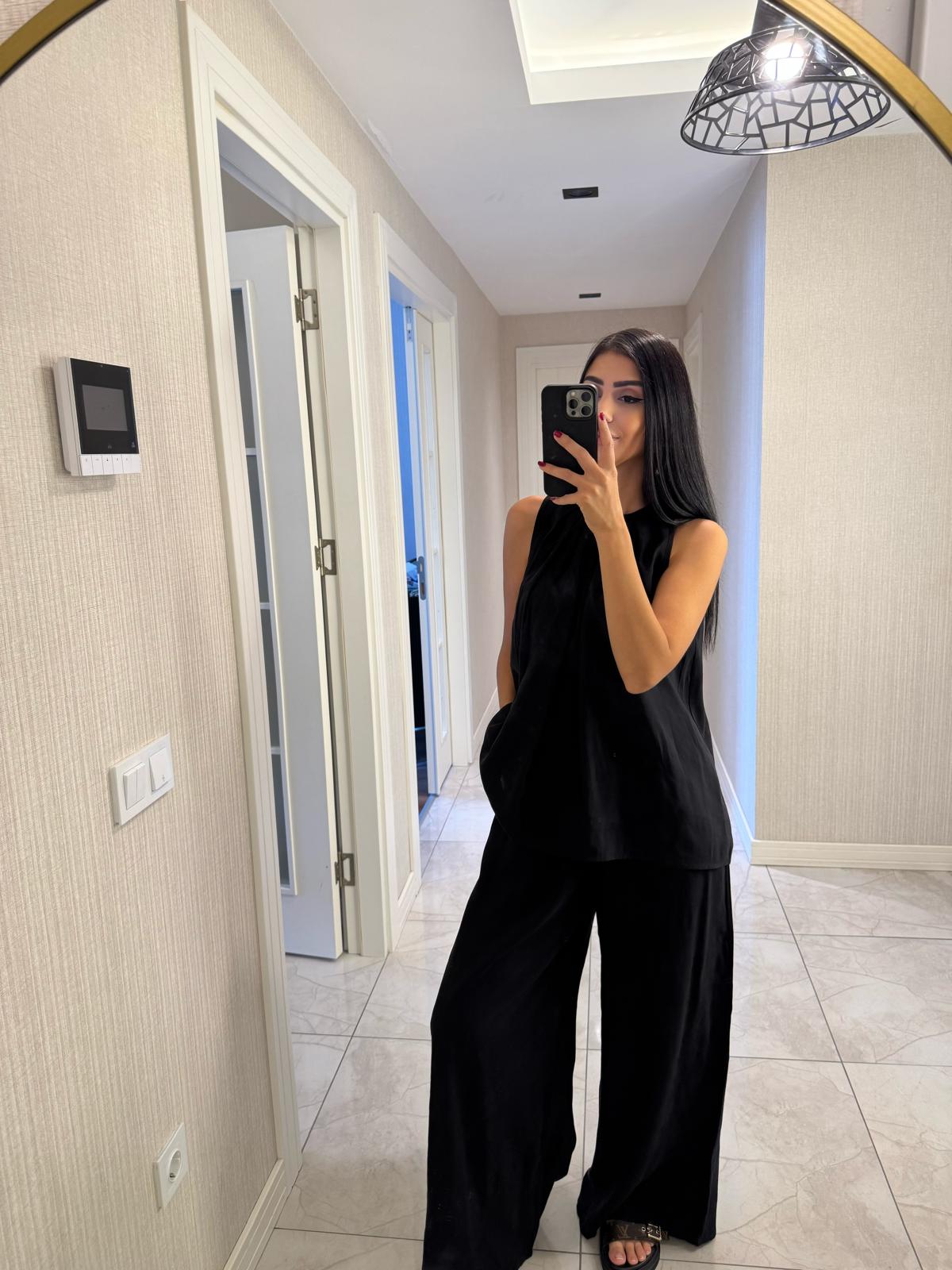 Yakası Pileli Modest Tensel Takım Siyah